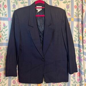 Vintage The Villager Petites Navy Blue Linen Blend Blazer With Shoulder Pads